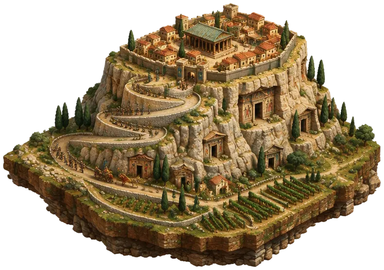 Diorama peta in-game: kota bertembok di puncak bukit tufa, jalan berkelok di tebing dengan prajurit miniatur, makam berpintu lukis, dan kebun anggur di kaki bukit